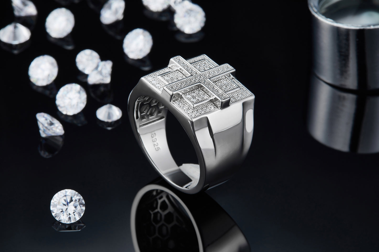 Men’s Moissanite Silver Ring Set Crafted from S925 Sterling Silver with Platinum Plating